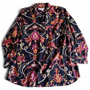 Vintage Rafaella Black Baroque Chain Print Blouse Shirt Women's Size L
